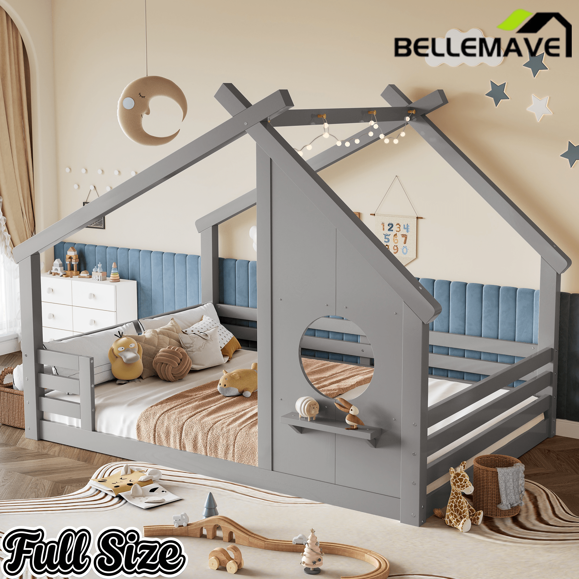Bellemave® Twin House Bed for Kids with Full - Length Guardrails & Slats, Wood Montessori Floor Bed Frame with Window & Shelf, No Box Spring Needed - Bellemave