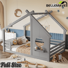 Bellemave® Twin House Bed for Kids with Full - Length Guardrails & Slats, Wood Montessori Floor Bed Frame with Window & Shelf, No Box Spring Needed - Bellemave