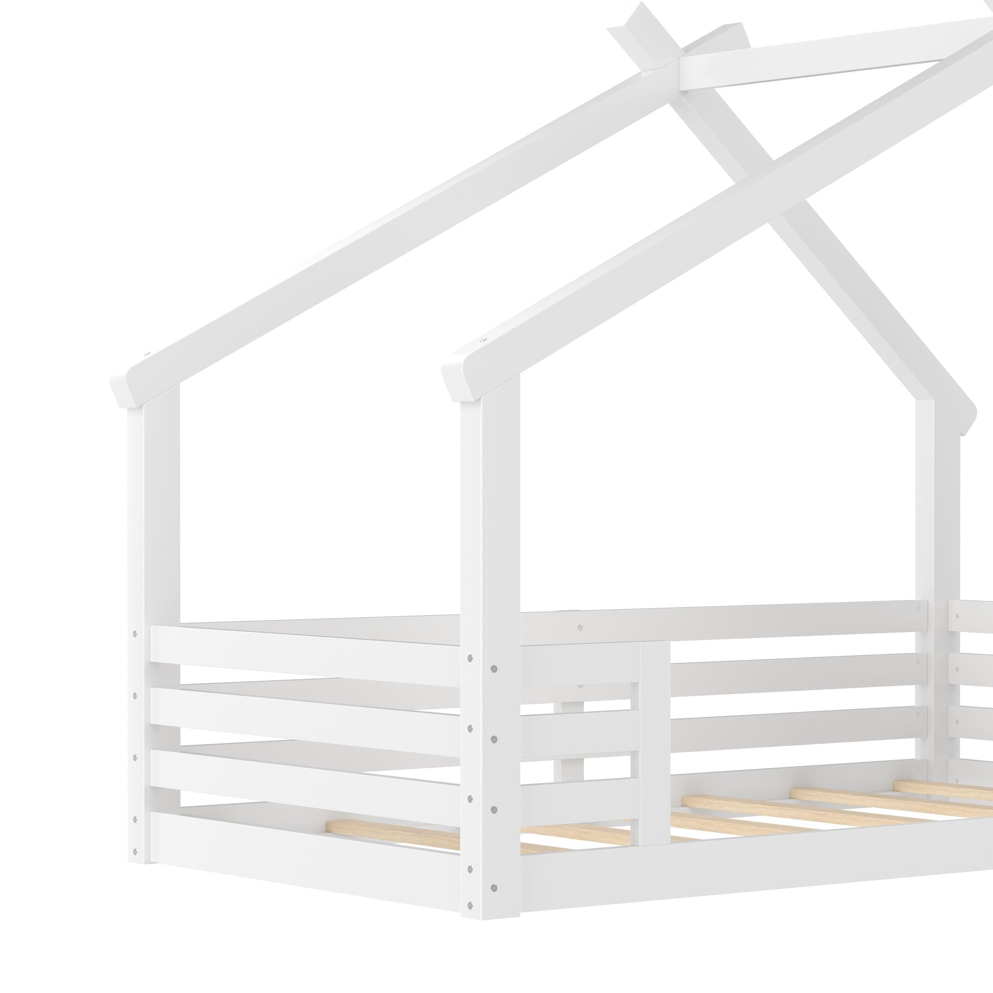 Bellemave® Twin House Bed for Kids with Full - Length Guardrails & Slats, Wood Montessori Floor Bed Frame with Window & Shelf, No Box Spring Needed - Bellemave