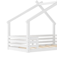 Bellemave® Twin House Bed for Kids with Full - Length Guardrails & Slats, Wood Montessori Floor Bed Frame with Window & Shelf, No Box Spring Needed - Bellemave
