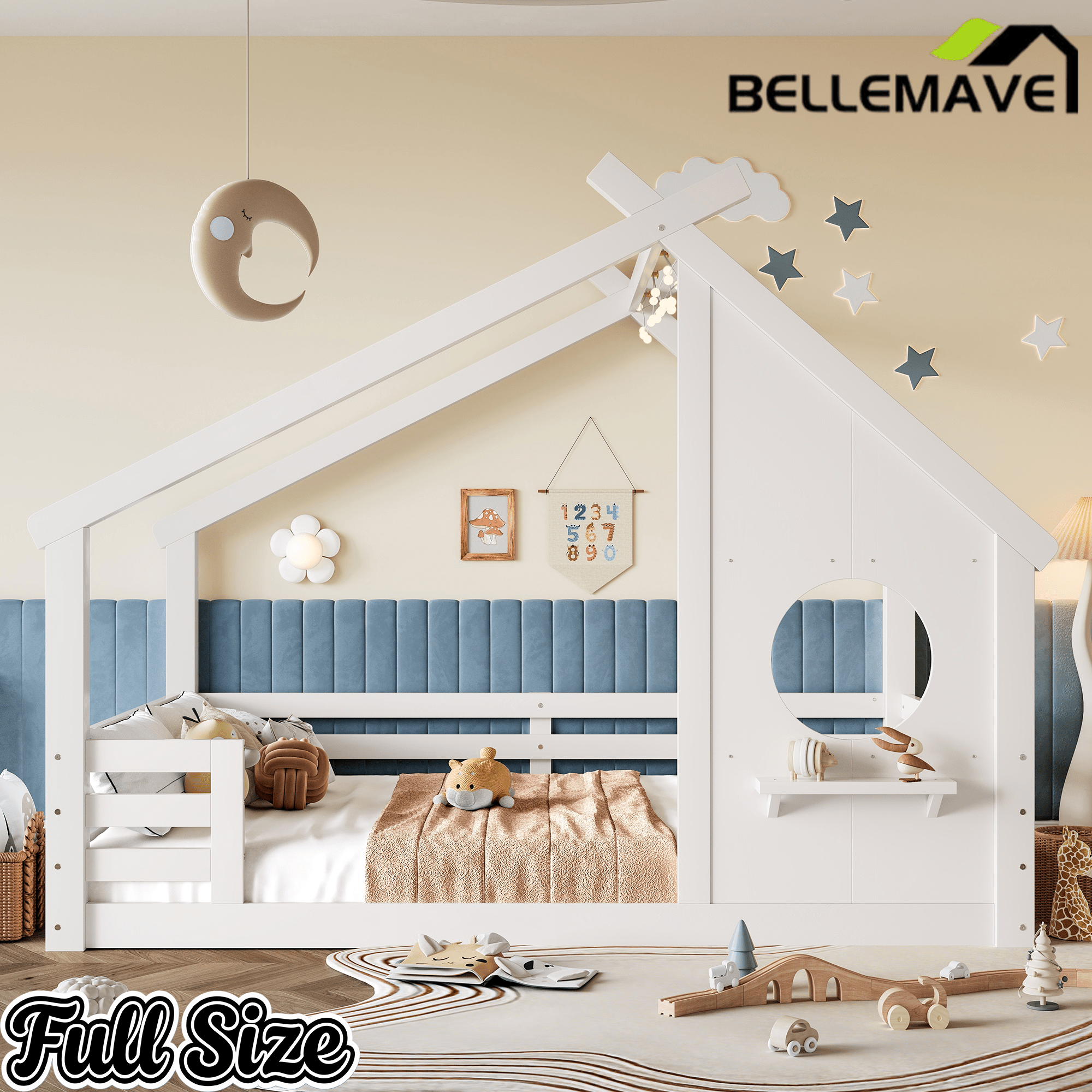 Bellemave® Twin House Bed for Kids with Full - Length Guardrails & Slats, Wood Montessori Floor Bed Frame with Window & Shelf, No Box Spring Needed - Bellemave
