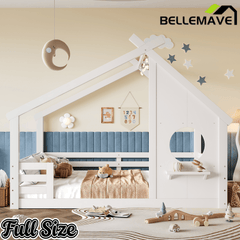 Bellemave® Twin House Bed for Kids with Full - Length Guardrails & Slats, Wood Montessori Floor Bed Frame with Window & Shelf, No Box Spring Needed - Bellemave