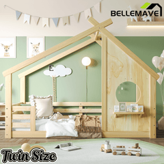 Bellemave® Twin House Bed for Kids with Full - Length Guardrails & Slats, Wood Montessori Floor Bed Frame with Window & Shelf, No Box Spring Needed - Bellemave