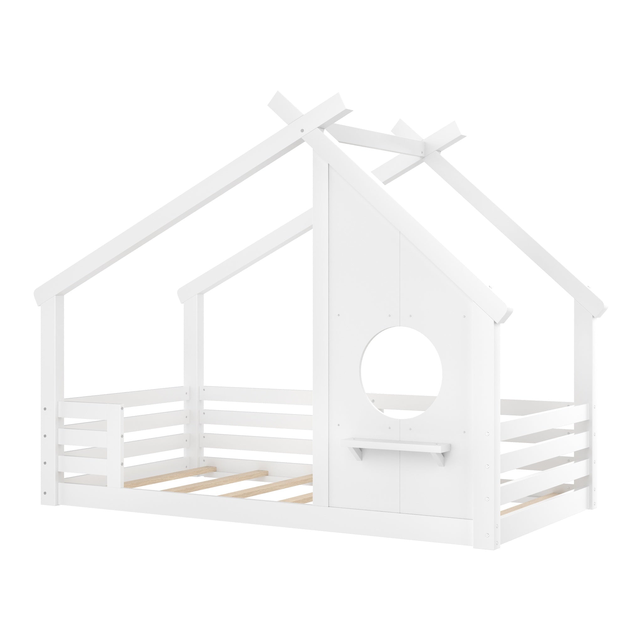 Bellemave® Twin House Bed for Kids with Full - Length Guardrails & Slats, Wood Montessori Floor Bed Frame with Window & Shelf, No Box Spring Needed - Bellemave