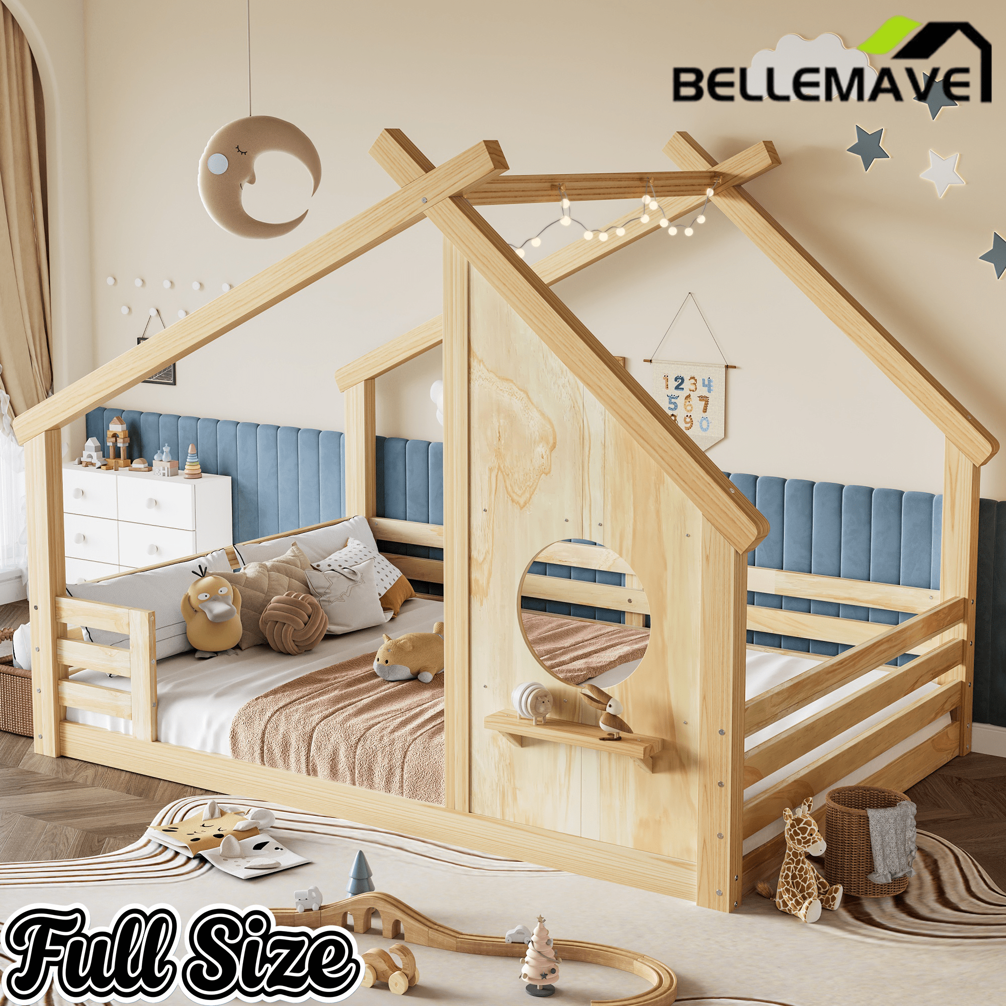 Bellemave® Twin House Bed for Kids with Full - Length Guardrails & Slats, Wood Montessori Floor Bed Frame with Window & Shelf, No Box Spring Needed - Bellemave