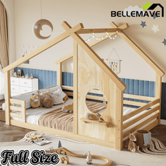 Bellemave® Twin House Bed for Kids with Full - Length Guardrails & Slats, Wood Montessori Floor Bed Frame with Window & Shelf, No Box Spring Needed - Bellemave