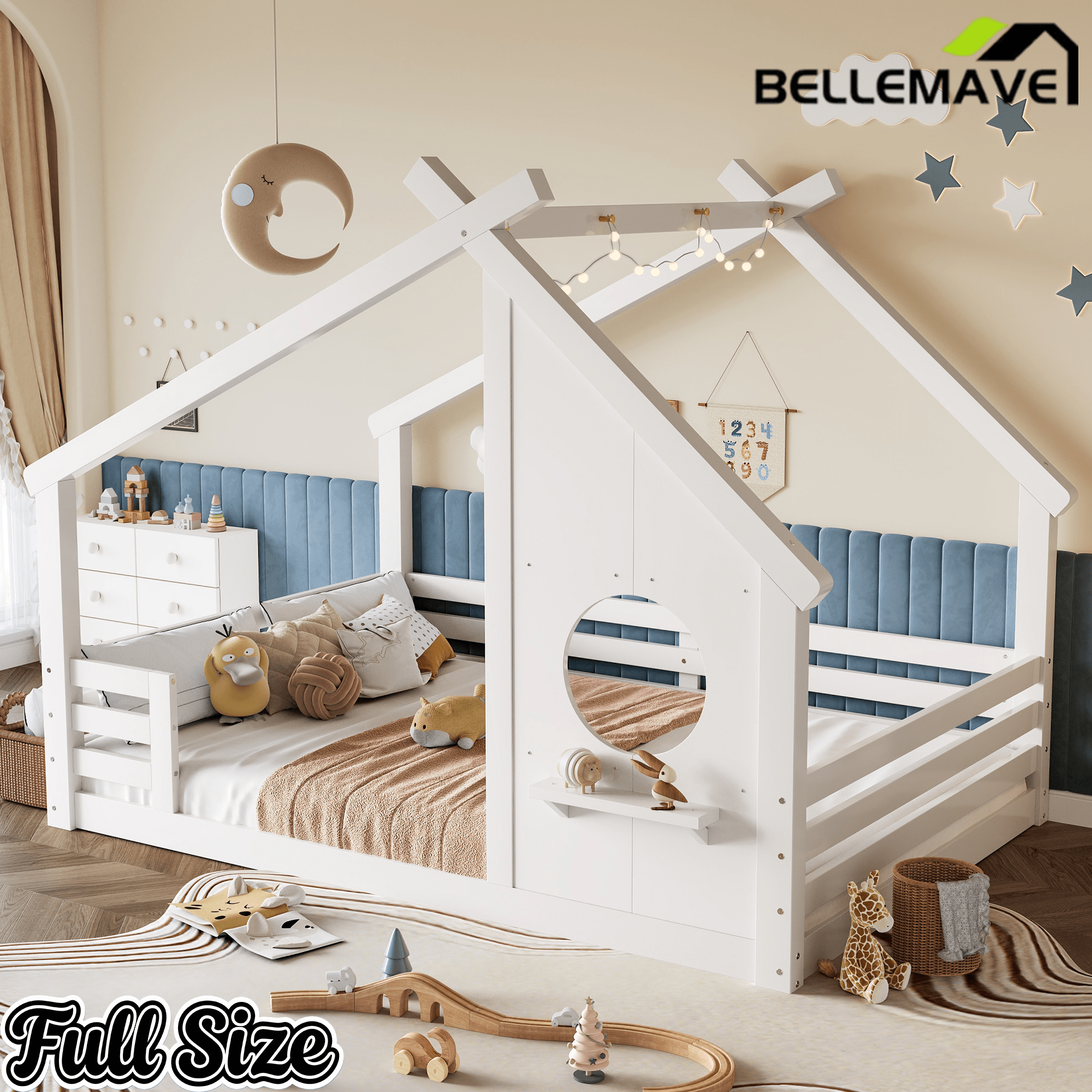 Bellemave® Twin House Bed for Kids with Full - Length Guardrails & Slats, Wood Montessori Floor Bed Frame with Window & Shelf, No Box Spring Needed - Bellemave