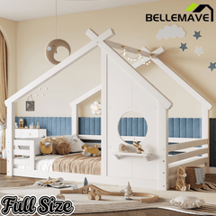 Bellemave® Twin House Bed for Kids with Full - Length Guardrails & Slats, Wood Montessori Floor Bed Frame with Window & Shelf, No Box Spring Needed - Bellemave