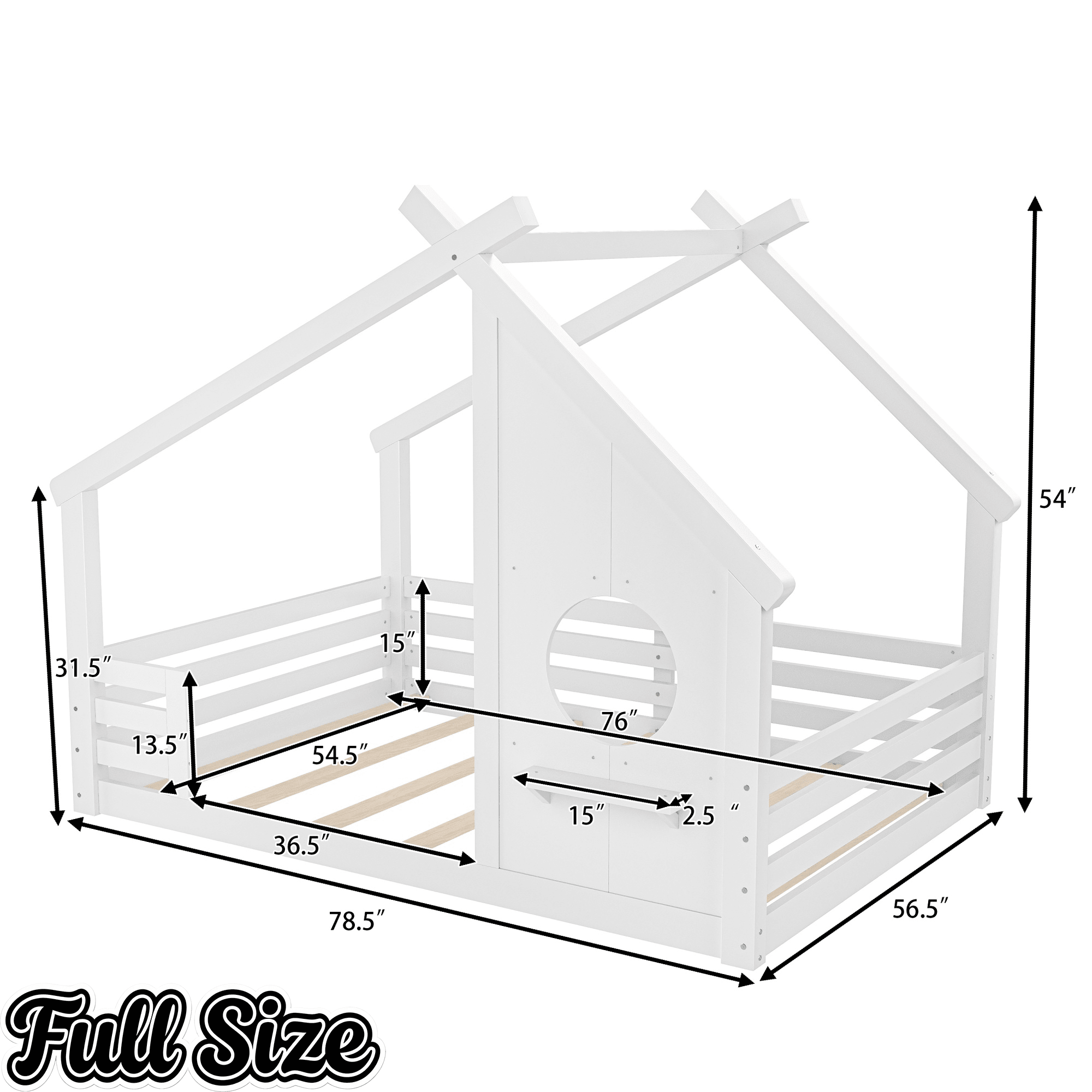 Bellemave® Twin House Bed for Kids with Full - Length Guardrails & Slats, Wood Montessori Floor Bed Frame with Window & Shelf, No Box Spring Needed - Bellemave