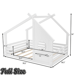 Bellemave® Twin House Bed for Kids with Full - Length Guardrails & Slats, Wood Montessori Floor Bed Frame with Window & Shelf, No Box Spring Needed - Bellemave