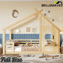 Bellemave® Twin House Bed for Kids with Full - Length Guardrails & Slats, Wood Montessori Floor Bed Frame with Window & Shelf, No Box Spring Needed - Bellemave