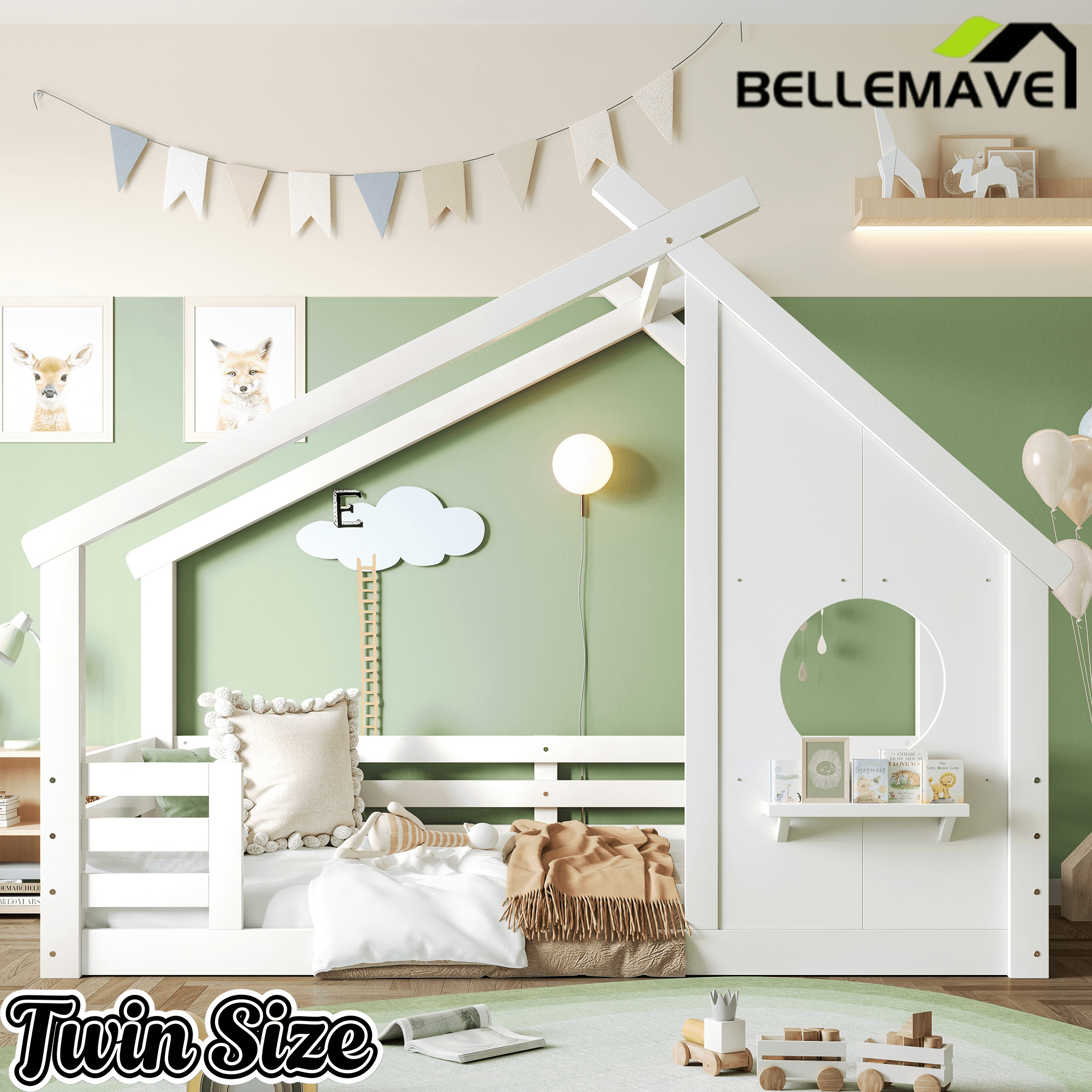 Bellemave® Twin House Bed for Kids with Full - Length Guardrails & Slats, Wood Montessori Floor Bed Frame with Window & Shelf, No Box Spring Needed - Bellemave