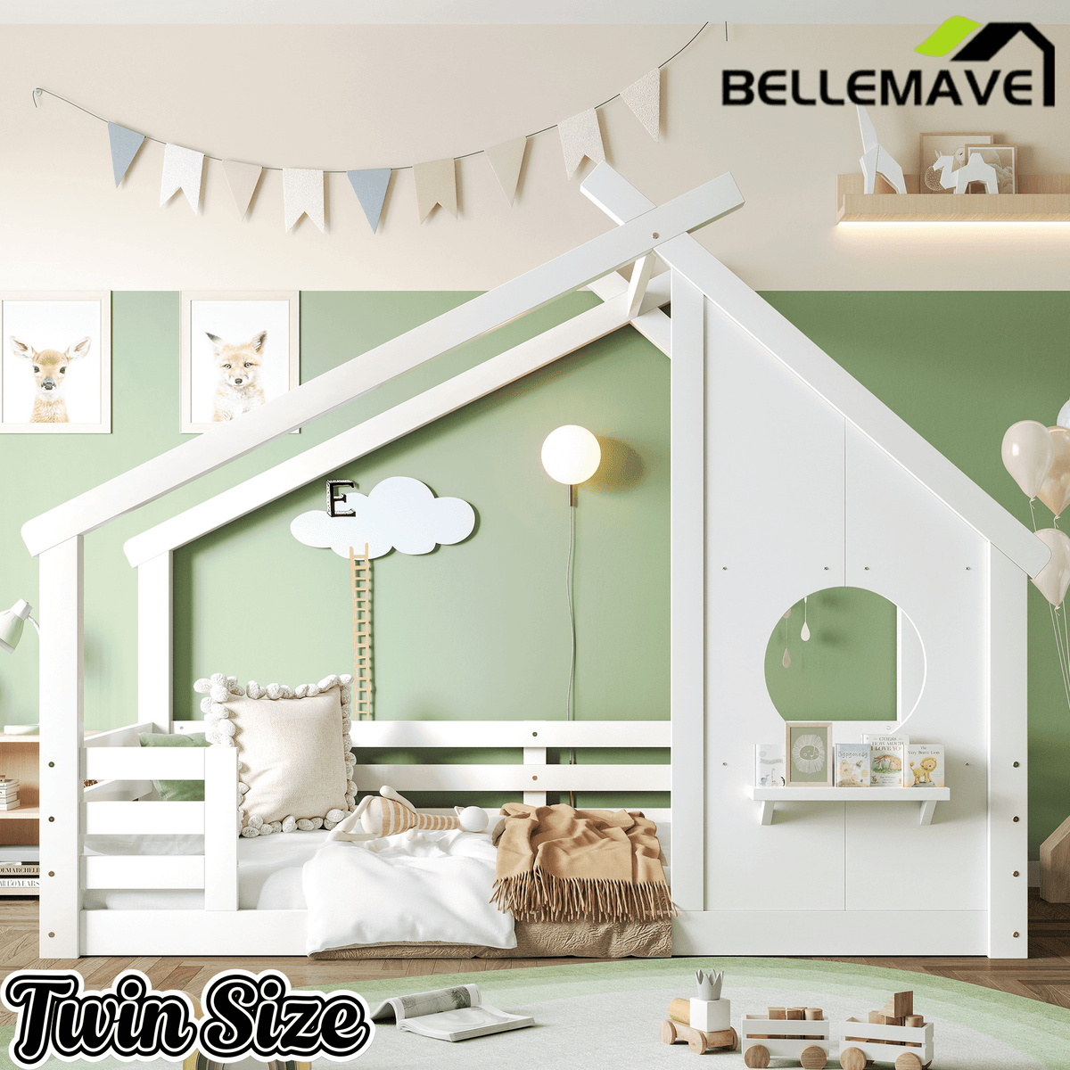 Bellemave® Twin House Bed for Kids with Full - Length Guardrails & Slats, Wood Montessori Floor Bed Frame with Window & Shelf, No Box Spring Needed - Bellemave