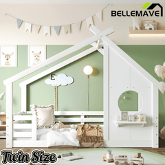 Bellemave® Twin House Bed for Kids with Full - Length Guardrails & Slats, Wood Montessori Floor Bed Frame with Window & Shelf, No Box Spring Needed - Bellemave