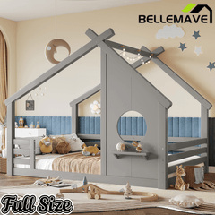 Bellemave® Twin House Bed for Kids with Full - Length Guardrails & Slats, Wood Montessori Floor Bed Frame with Window & Shelf, No Box Spring Needed - Bellemave