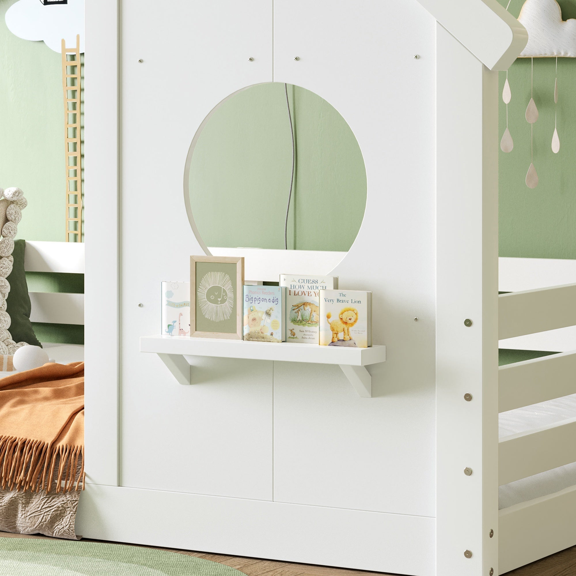 Bellemave® Twin House Bed for Kids with Full - Length Guardrails & Slats, Wood Montessori Floor Bed Frame with Window & Shelf, No Box Spring Needed - Bellemave