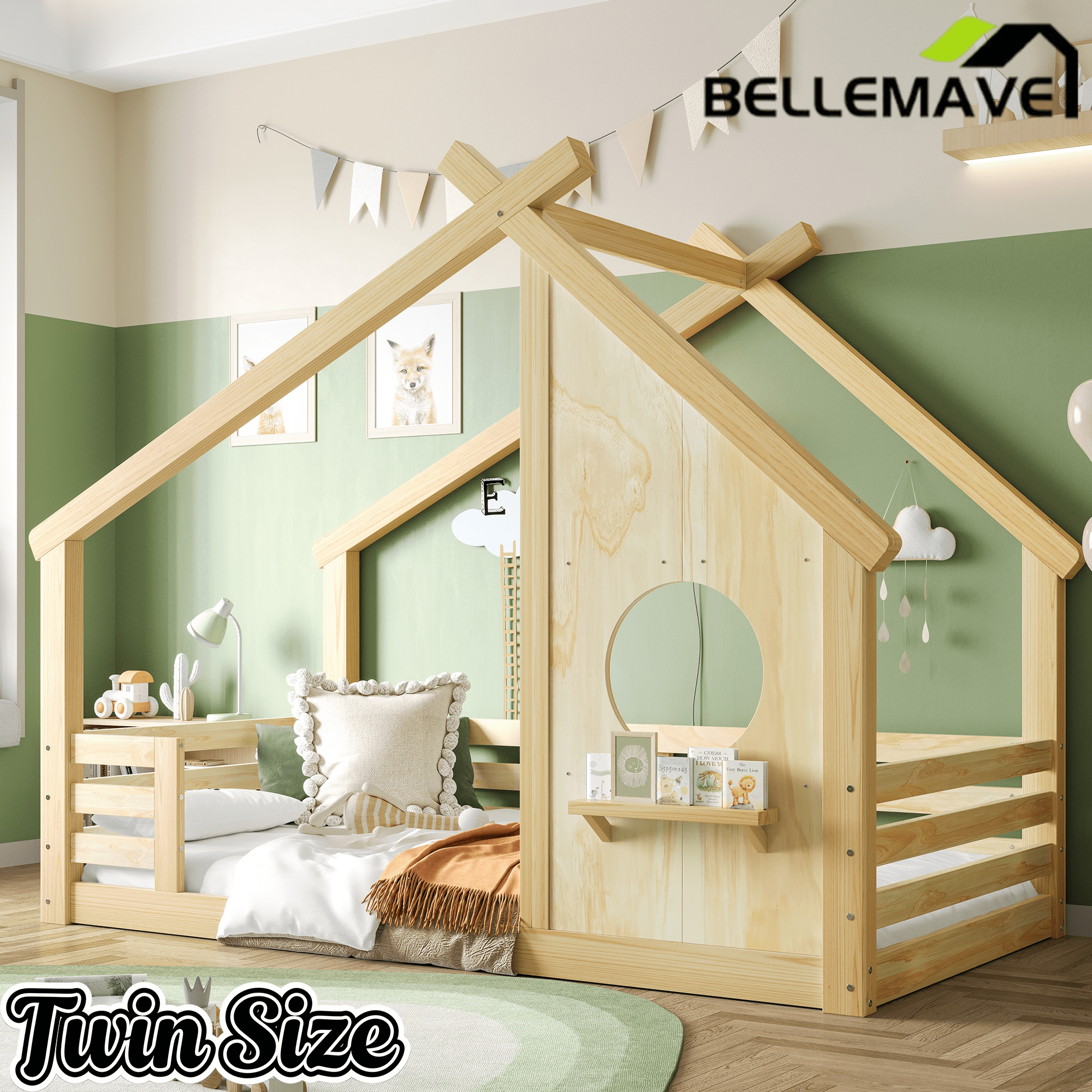 Bellemave® Twin House Bed for Kids with Full - Length Guardrails & Slats, Wood Montessori Floor Bed Frame with Window & Shelf, No Box Spring Needed - Bellemave