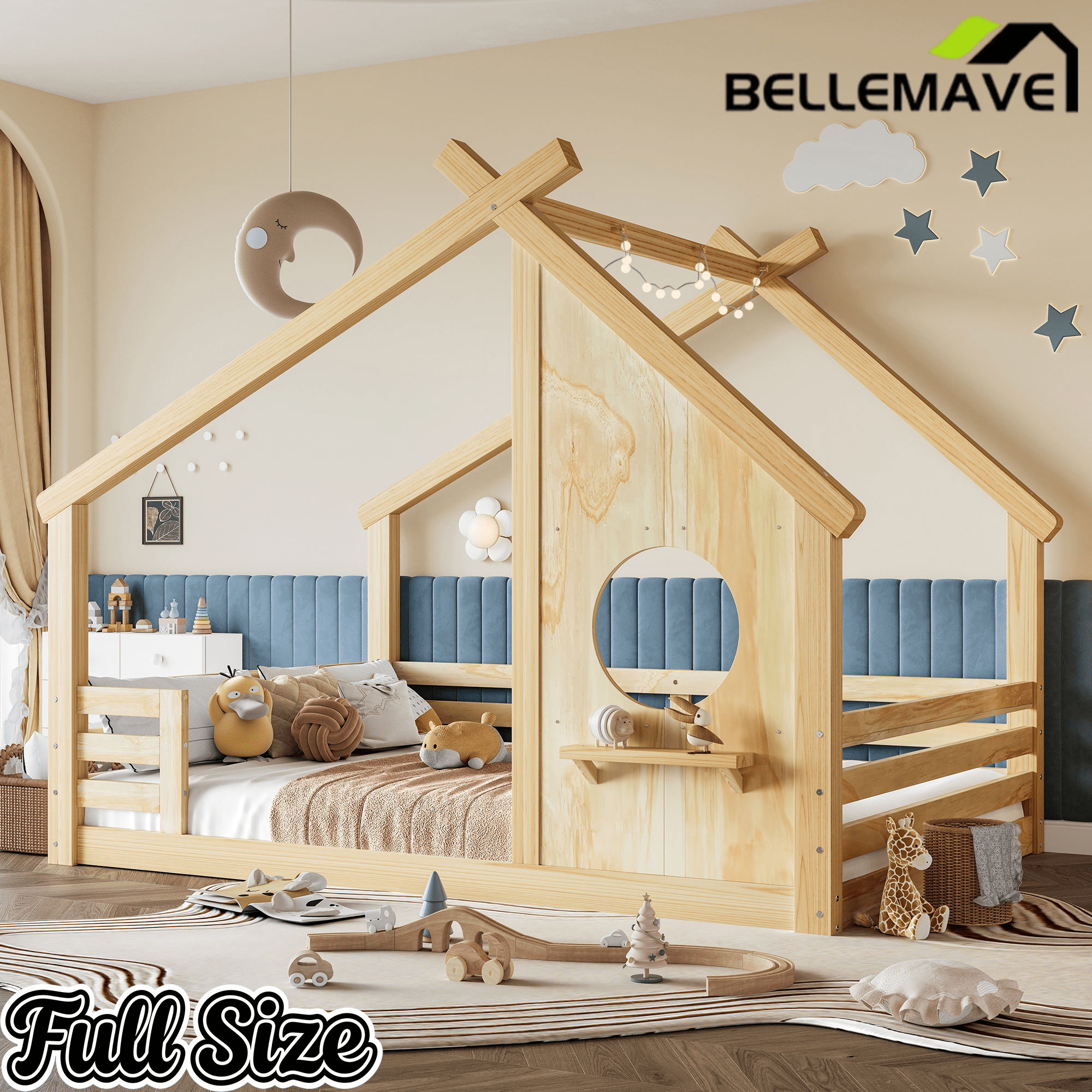 Bellemave® Twin House Bed for Kids with Full - Length Guardrails & Slats, Wood Montessori Floor Bed Frame with Window & Shelf, No Box Spring Needed - Bellemave