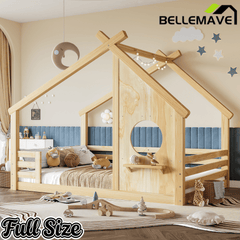 Bellemave® Twin House Bed for Kids with Full - Length Guardrails & Slats, Wood Montessori Floor Bed Frame with Window & Shelf, No Box Spring Needed - Bellemave