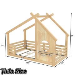 Bellemave® Twin House Bed for Kids with Full - Length Guardrails & Slats, Wood Montessori Floor Bed Frame with Window & Shelf, No Box Spring Needed - Bellemave