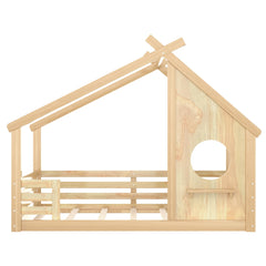 Bellemave® Twin House Bed for Kids with Full - Length Guardrails & Slats, Wood Montessori Floor Bed Frame with Window & Shelf, Twin Size Floor Bed for Bedroom, No Box Spring Needed, Grey - Bellemave