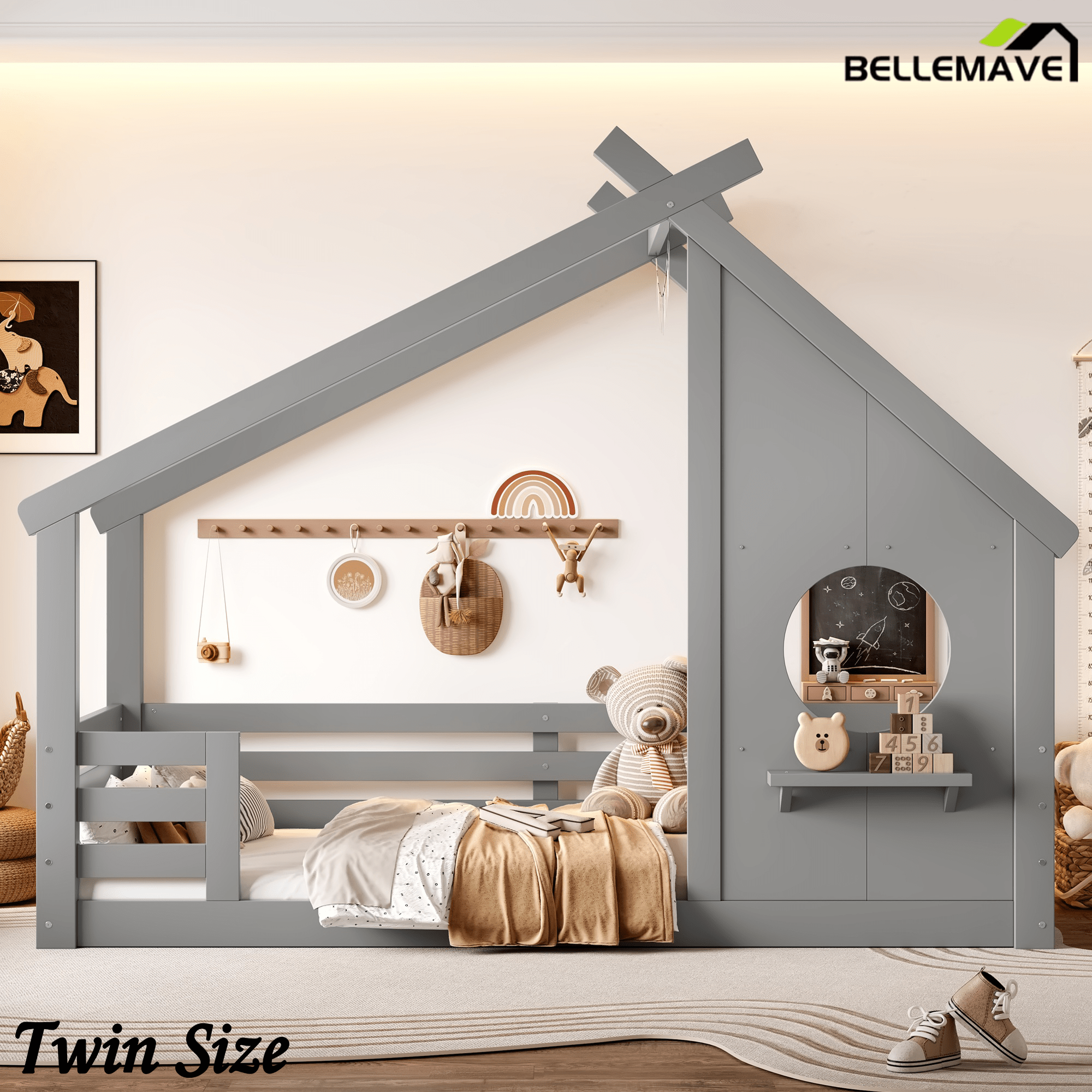 Bellemave® Twin House Bed for Kids with Full - Length Guardrails & Slats, Wood Montessori Floor Bed Frame with Window & Shelf, Twin Size Floor Bed for Bedroom, No Box Spring Needed, Grey - Bellemave