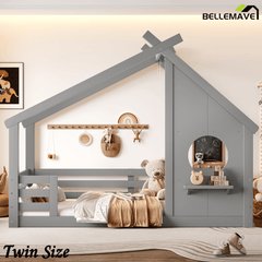 Bellemave® Twin House Bed for Kids with Full - Length Guardrails & Slats, Wood Montessori Floor Bed Frame with Window & Shelf, Twin Size Floor Bed for Bedroom, No Box Spring Needed, Grey - Bellemave