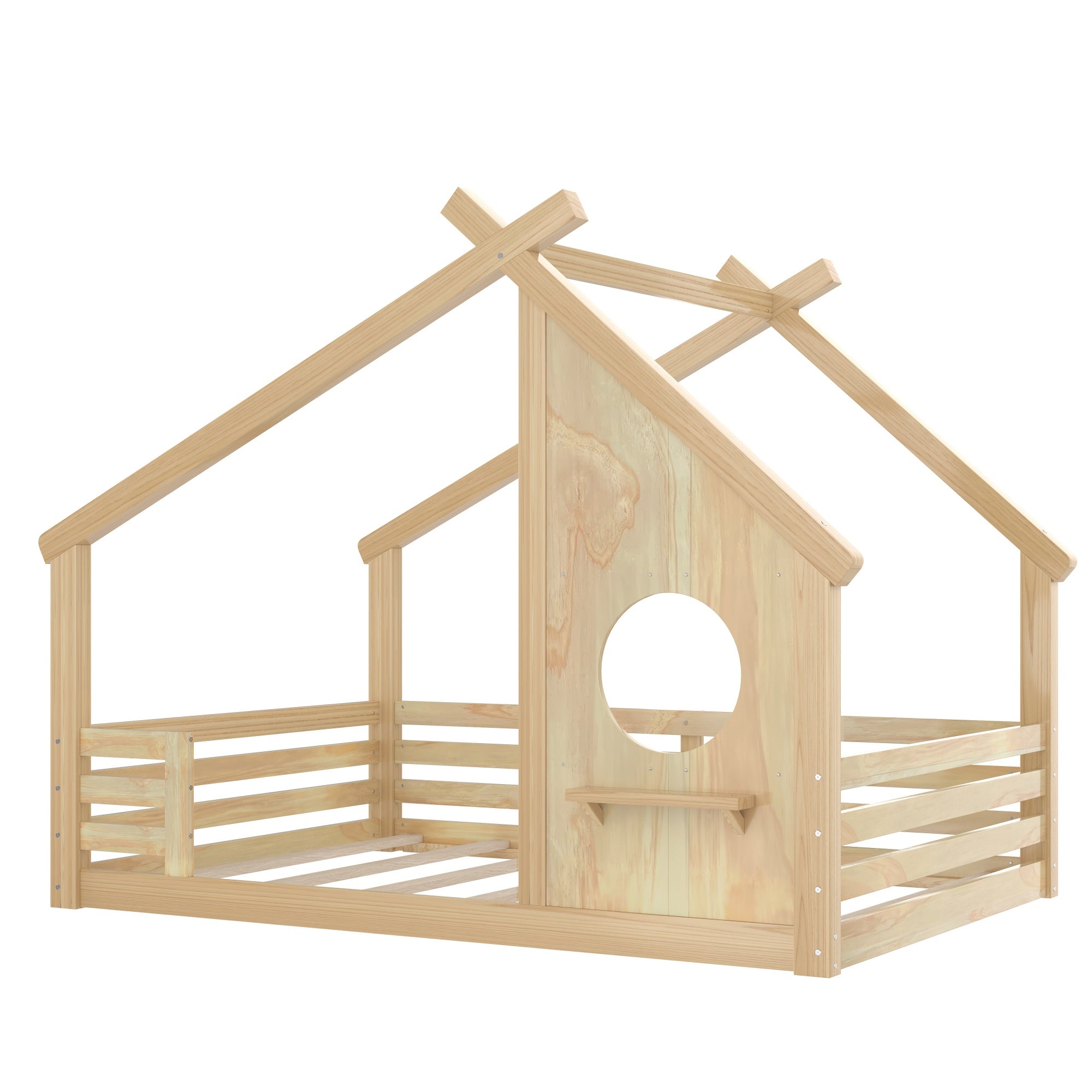 Bellemave® Twin House Bed for Kids with Full - Length Guardrails & Slats, Wood Montessori Floor Bed Frame with Window & Shelf, Twin Size Floor Bed for Bedroom, No Box Spring Needed, Grey - Bellemave