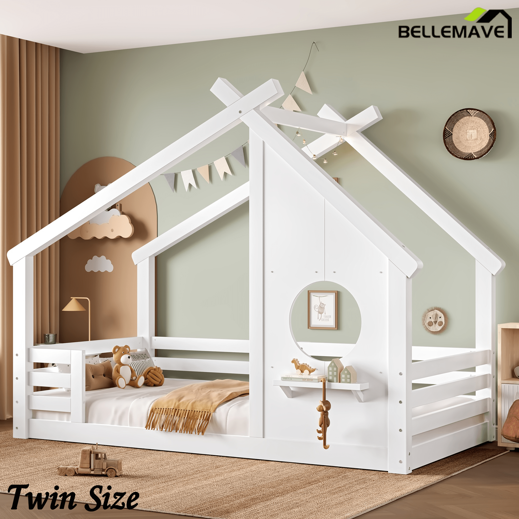 Bellemave® Twin House Bed for Kids with Full - Length Guardrails & Slats, Wood Montessori Floor Bed Frame with Window & Shelf, Twin Size Floor Bed for Bedroom, No Box Spring Needed, Grey - Bellemave