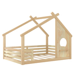 Bellemave® Twin House Bed for Kids with Full - Length Guardrails & Slats, Wood Montessori Floor Bed Frame with Window & Shelf, Twin Size Floor Bed for Bedroom, No Box Spring Needed, Grey - Bellemave