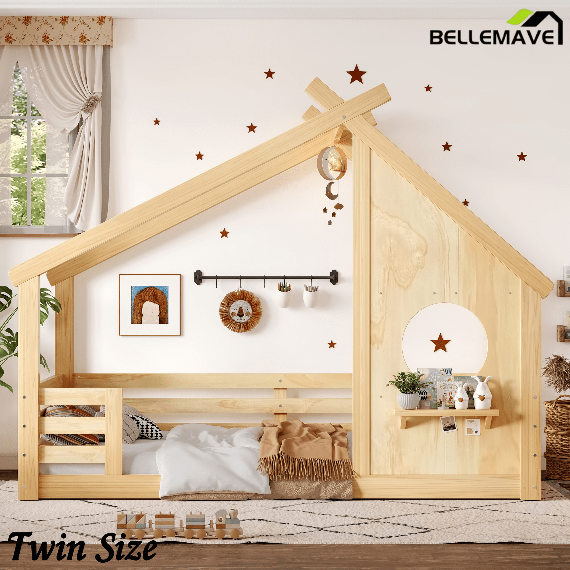 Bellemave® Twin House Bed for Kids with Full - Length Guardrails & Slats, Wood Montessori Floor Bed Frame with Window & Shelf, Twin Size Floor Bed for Bedroom, No Box Spring Needed, Grey - Bellemave