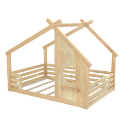 Bellemave® Twin House Bed for Kids with Full - Length Guardrails & Slats, Wood Montessori Floor Bed Frame with Window & Shelf, Twin Size Floor Bed for Bedroom, No Box Spring Needed, Grey - Bellemave