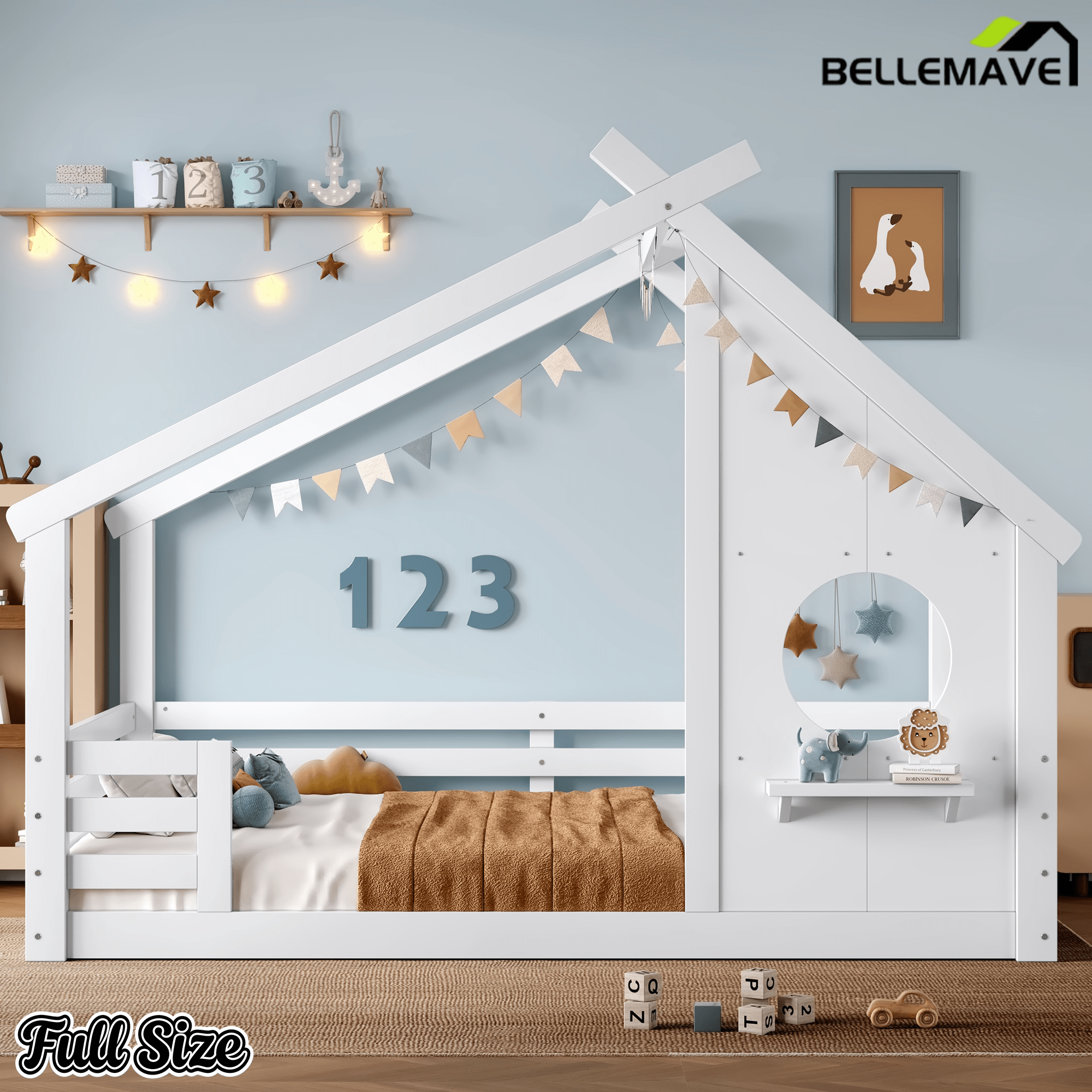 Bellemave® Twin House Bed for Kids with Full - Length Guardrails & Slats, Wood Montessori Floor Bed Frame with Window & Shelf, Twin Size Floor Bed for Bedroom, No Box Spring Needed, Grey - Bellemave