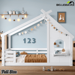 Bellemave® Twin House Bed for Kids with Full - Length Guardrails & Slats, Wood Montessori Floor Bed Frame with Window & Shelf, Twin Size Floor Bed for Bedroom, No Box Spring Needed, Grey - Bellemave