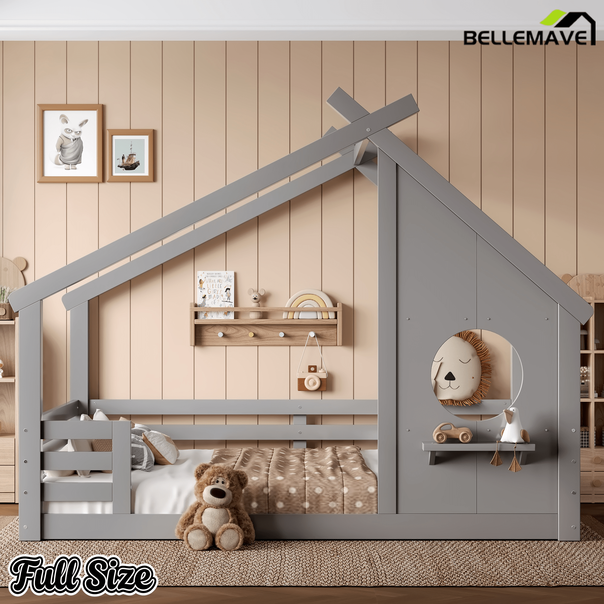 Bellemave® Twin House Bed for Kids with Full - Length Guardrails & Slats, Wood Montessori Floor Bed Frame with Window & Shelf, Twin Size Floor Bed for Bedroom, No Box Spring Needed, Grey - Bellemave