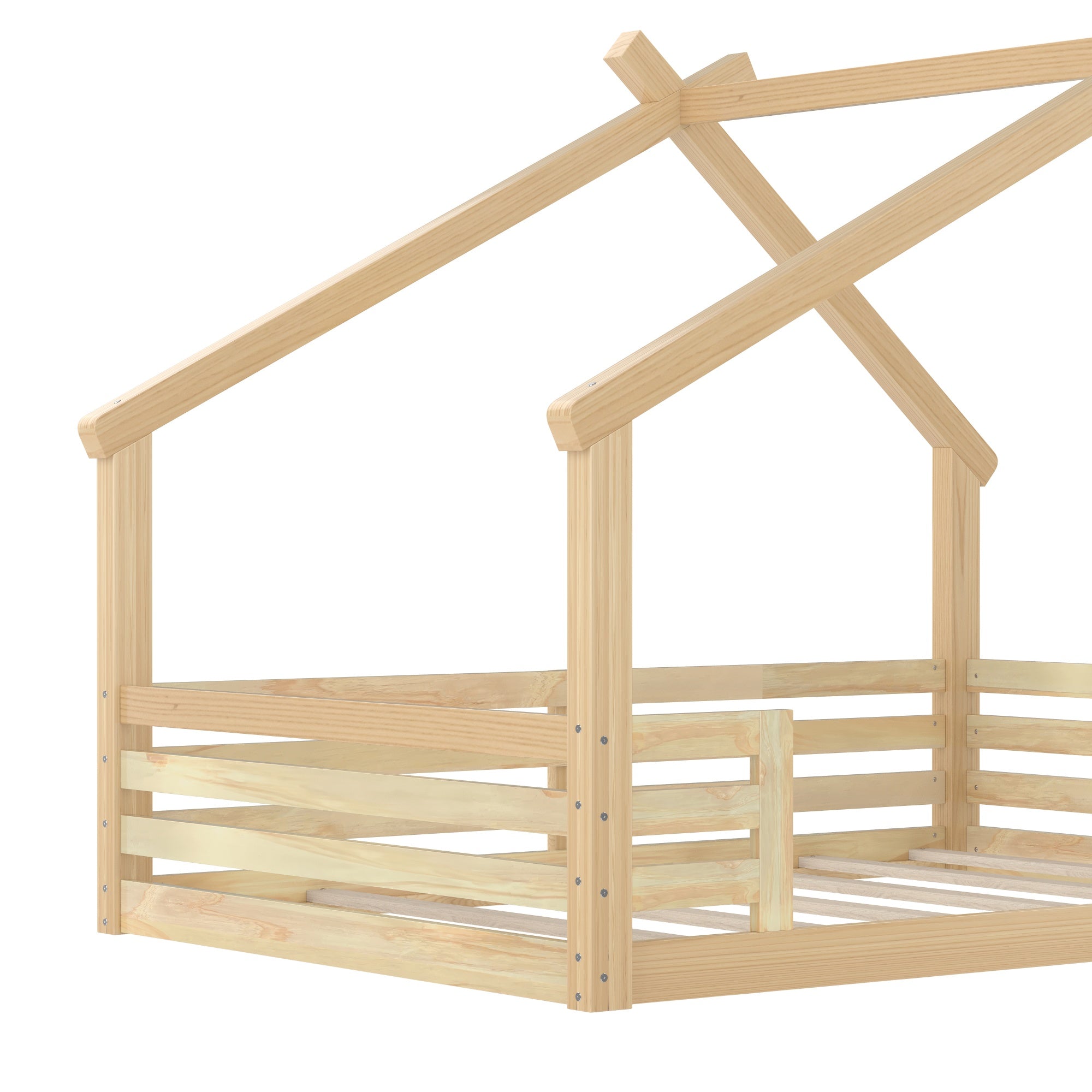 Bellemave® Twin House Bed for Kids with Full - Length Guardrails & Slats, Wood Montessori Floor Bed Frame with Window & Shelf, Twin Size Floor Bed for Bedroom, No Box Spring Needed, Grey - Bellemave