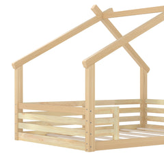 Bellemave® Twin House Bed for Kids with Full - Length Guardrails & Slats, Wood Montessori Floor Bed Frame with Window & Shelf, Twin Size Floor Bed for Bedroom, No Box Spring Needed, Grey - Bellemave