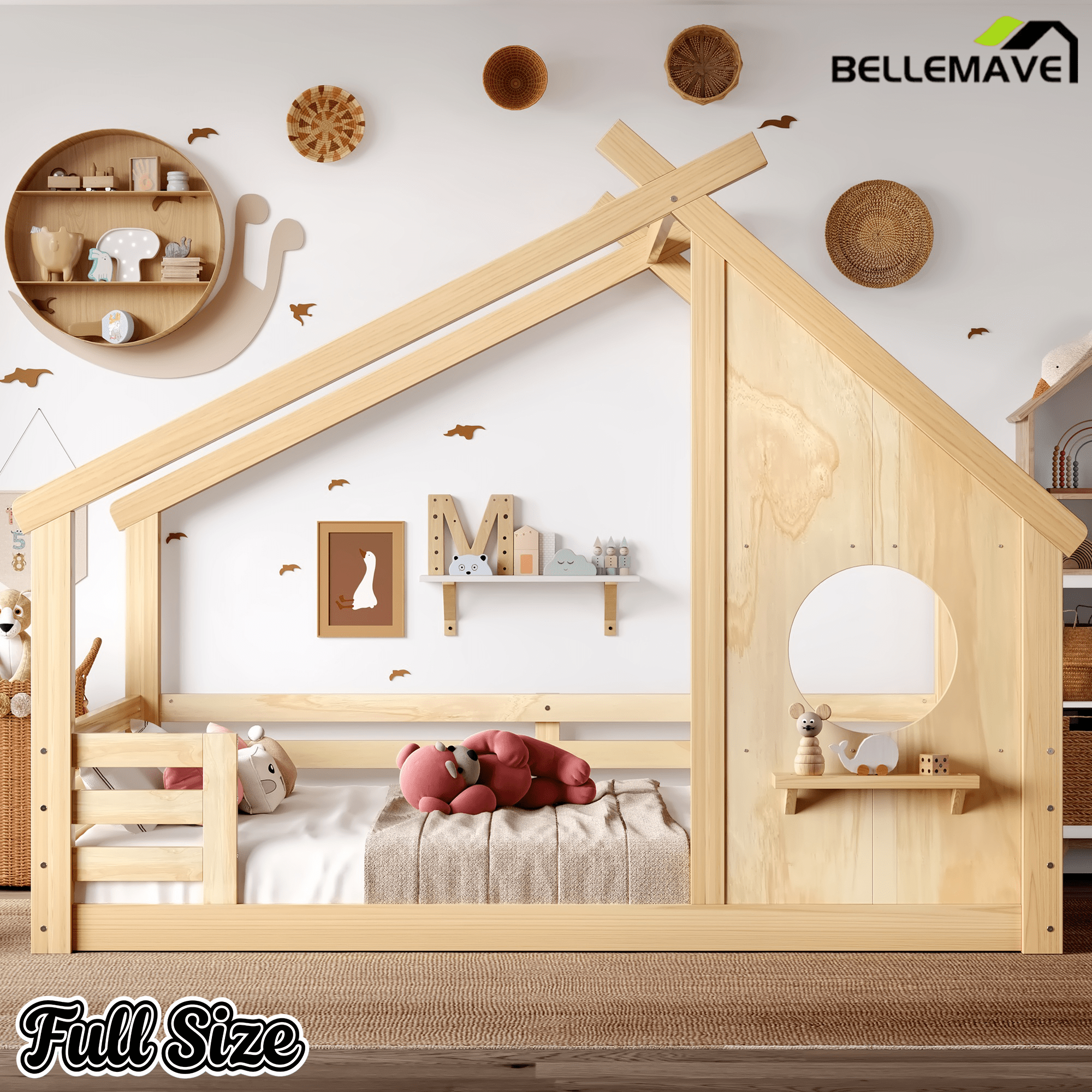 Bellemave® Twin House Bed for Kids with Full - Length Guardrails & Slats, Wood Montessori Floor Bed Frame with Window & Shelf, Twin Size Floor Bed for Bedroom, No Box Spring Needed, Grey - Bellemave