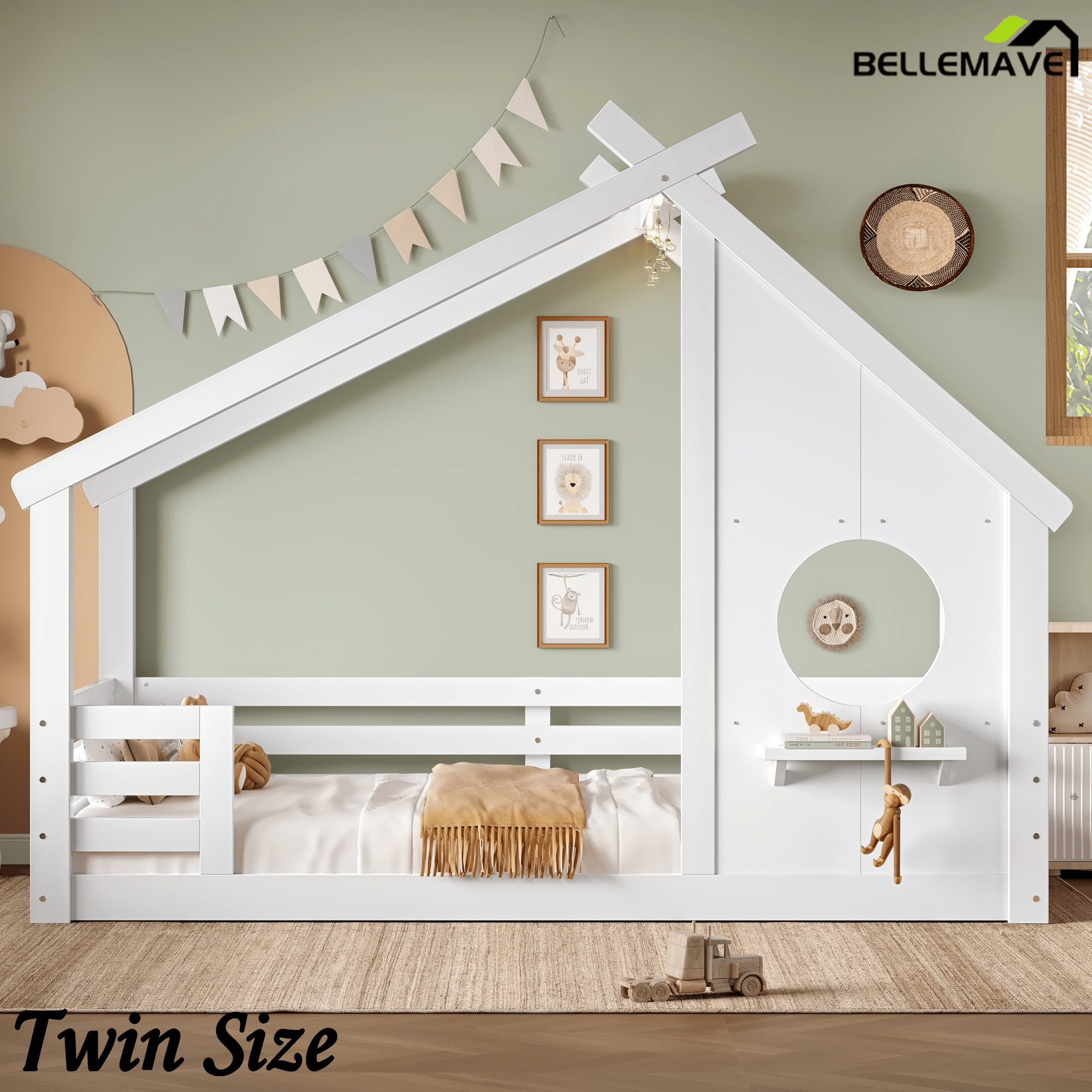 Bellemave® Twin House Bed for Kids with Full - Length Guardrails & Slats, Wood Montessori Floor Bed Frame with Window & Shelf, Twin Size Floor Bed for Bedroom, No Box Spring Needed, Grey - Bellemave