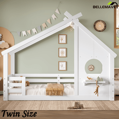 Bellemave® Twin House Bed for Kids with Full - Length Guardrails & Slats, Wood Montessori Floor Bed Frame with Window & Shelf, Twin Size Floor Bed for Bedroom, No Box Spring Needed, Grey - Bellemave