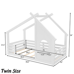Bellemave® Twin House Bed for Kids with Full - Length Guardrails & Slats, Wood Montessori Floor Bed Frame with Window & Shelf, Twin Size Floor Bed for Bedroom, No Box Spring Needed, Grey - Bellemave
