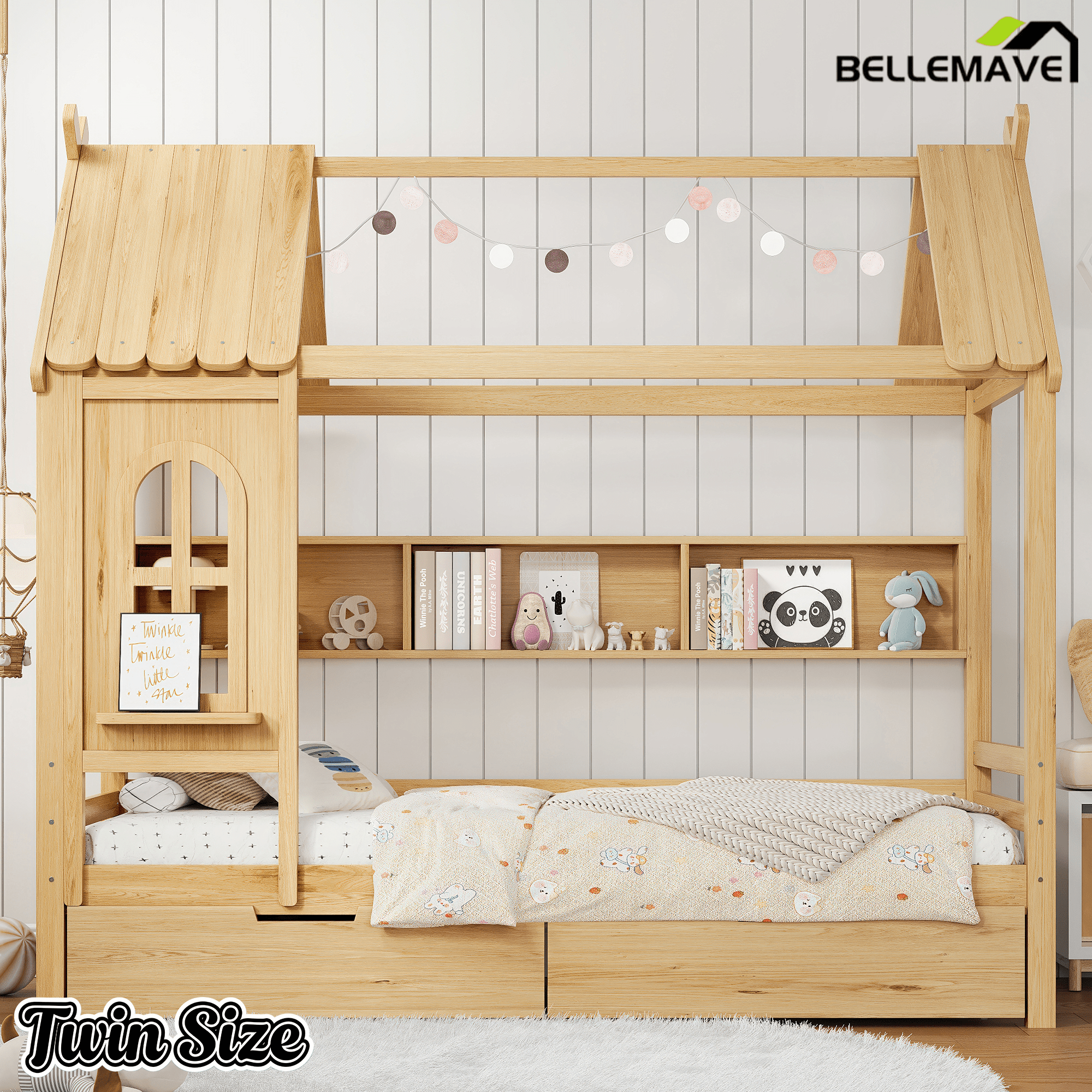 Bellemave® Twin House Bed with Drawers and Window, Solid Wood House Platform Bed with Shelves, Twin Bed Frame with House - shaped Roof for Kids, Boys, Girls, No Box Spring Needed and Childlike Design, Natural - Bellemave
