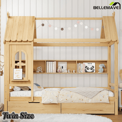 Bellemave® Twin House Bed with Drawers and Window, Solid Wood House Platform Bed with Shelves, Twin Bed Frame with House - shaped Roof for Kids, Boys, Girls, No Box Spring Needed and Childlike Design, Natural - Bellemave