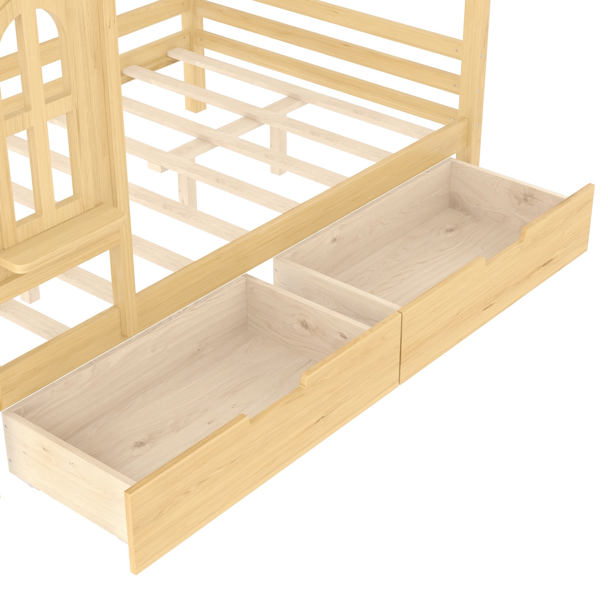 Bellemave® Twin House Bed with Drawers and Window, Solid Wood House Platform Bed with Shelves, Twin Bed Frame with House - shaped Roof for Kids, Boys, Girls, No Box Spring Needed and Childlike Design, Natural - Bellemave