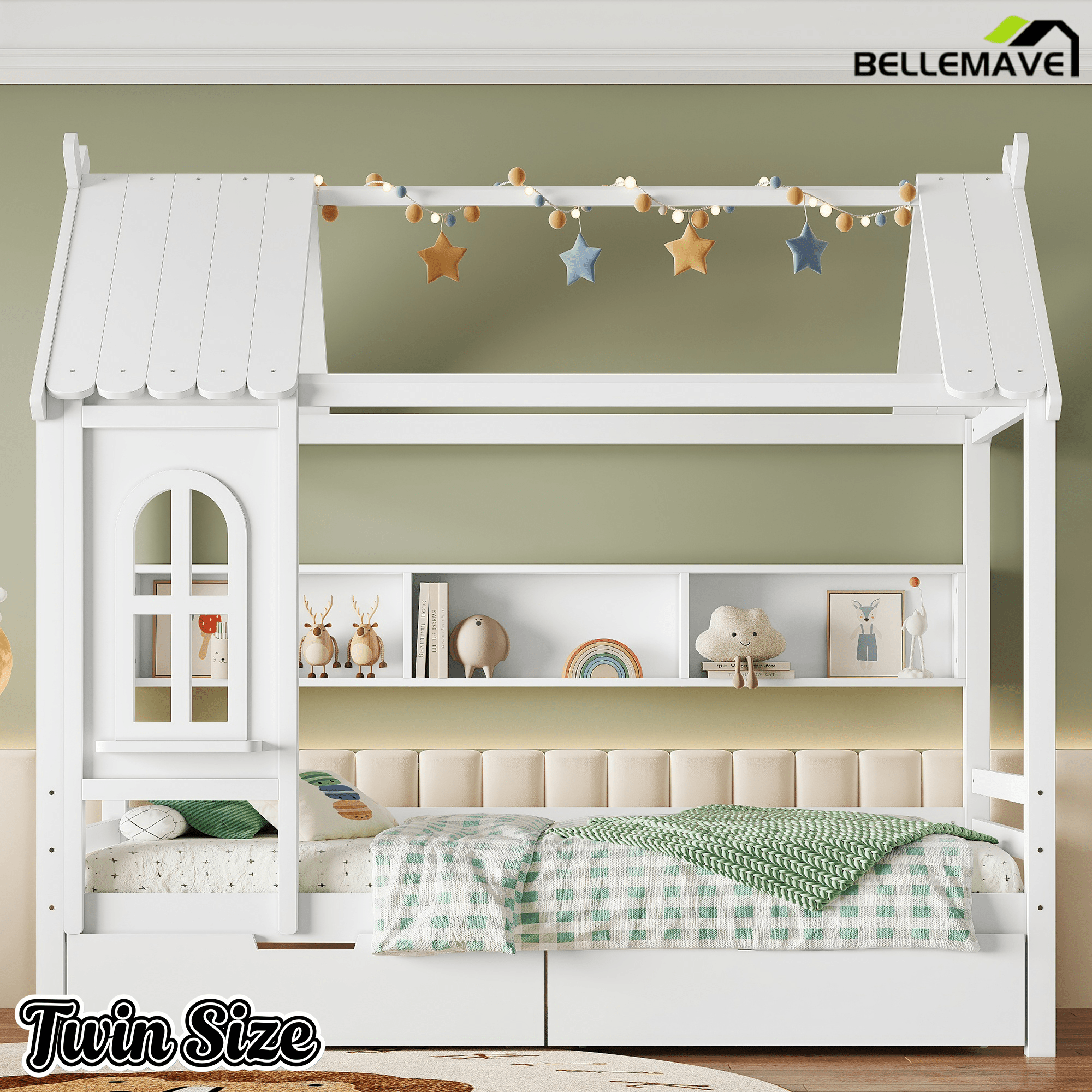 Bellemave® Twin House Bed with Drawers and Window, Solid Wood House Platform Bed with Shelves, Twin Bed Frame with House - shaped Roof for Kids, Boys, Girls, No Box Spring Needed and Childlike Design, Natural - Bellemave