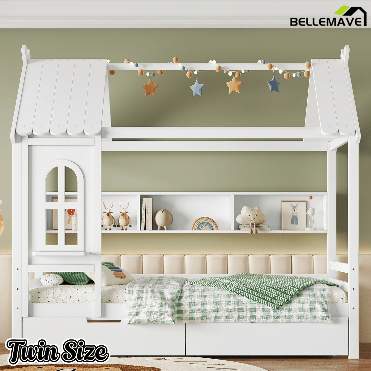 Bellemave® Twin House Bed with Drawers and Window, Solid Wood House Platform Bed with Shelves, Twin Bed Frame with House - shaped Roof for Kids, Boys, Girls, No Box Spring Needed and Childlike Design, Natural - Bellemave