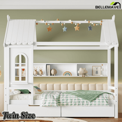 Bellemave® Twin House Bed with Drawers and Window, Solid Wood House Platform Bed with Shelves, Twin Bed Frame with House - shaped Roof for Kids, Boys, Girls, No Box Spring Needed and Childlike Design, Natural - Bellemave
