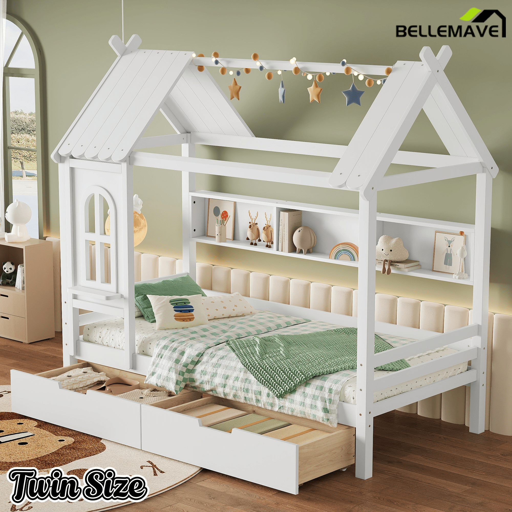Bellemave® Twin House Bed with Drawers and Window, Solid Wood House Platform Bed with Shelves, Twin Bed Frame with House - shaped Roof for Kids, Boys, Girls, No Box Spring Needed and Childlike Design, Natural - Bellemave