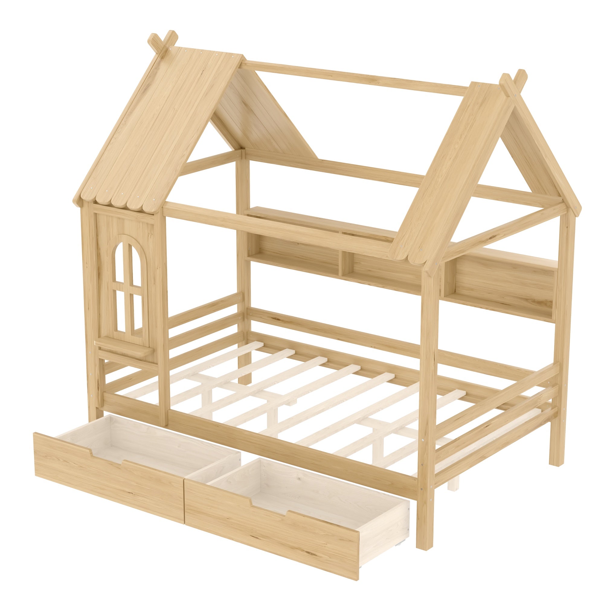 Bellemave® Twin House Bed with Drawers and Window, Solid Wood House Platform Bed with Shelves, Twin Bed Frame with House - shaped Roof for Kids, Boys, Girls, No Box Spring Needed and Childlike Design, Natural - Bellemave