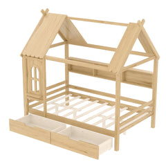 Bellemave® Twin House Bed with Drawers and Window, Solid Wood House Platform Bed with Shelves, Twin Bed Frame with House - shaped Roof for Kids, Boys, Girls, No Box Spring Needed and Childlike Design, Natural - Bellemave